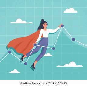 Financial chart concept. Woman in superhero cape improves financial position of company. Entrepreneur or investor, economics and trading. Poster or banner for website. Cartoon flat vector illustration