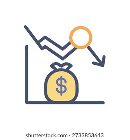 Financial chart declining towards a moneybag. A simple flat design in blue and yellow tones.