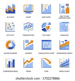 Financial chart icons set in flat style. Round diagram, bar and pie chart, trend and loss, comparison graph, presentation and analytics signs. Business infographics pictograms for UX UI design.