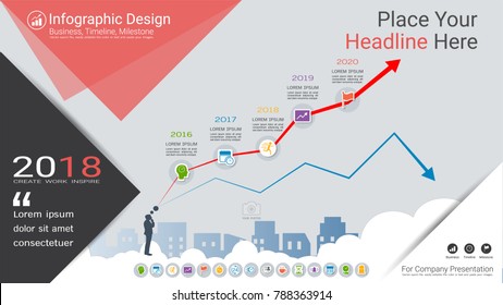 Financial chart Infographics template, Growing and falling market graphs or Process flowchart 5 options, Communicates data through charts, graphs, Make facts and statistics more interesting.