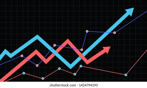 Financial chart with interweaving arrows going up. Stock Market Up Arrow. Black background