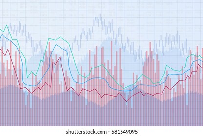 financial chart with line graph, bar chart and stock numbers in stock market on blue color background (vector)