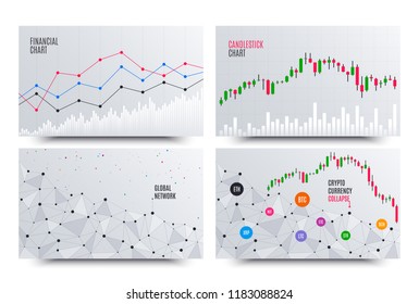 Financial Chart with Line Graph. Cryptocurrency stock exchange market. Statistics uptrend. Analytics data financial report. Blockchain ico collapse. Global cryptocurrency network chart. Vector