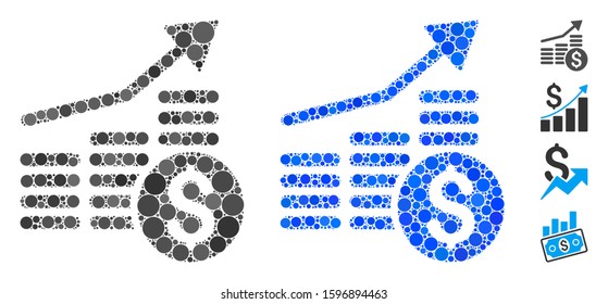Financial chart mosaic of spheric dots in variable sizes and color hues, based on financial chart icon. Vector round dots are composed into blue mosaic.