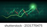 Financial chart with moving up arrow graph in stock market on green color background