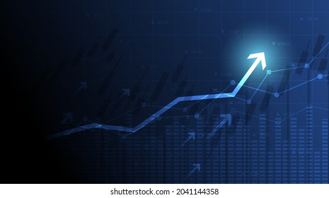 Financial Chart With Moving Up Arrow Graph In Stock Market On Blue Color Background