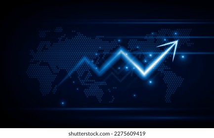 Financial chart with moving up arrow graph and world map in stock market on blue color background concept innovation background, vector design