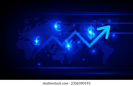 Financial chart with moving up arrow graph and world map in stock market on blue color background concept innovation background, vector design