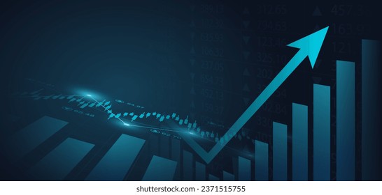 Finanzdiagramm mit nach oben gerichteten Pfeilern auf dem Aktienmarkt auf blauem Hintergrund