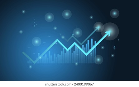 A Financial chart with moving up arrow graph and world map in stock market on blue color background vector