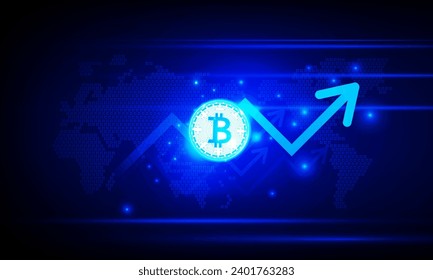 Gráfica financiera con una flecha hacia arriba grafo de bitcoin tecnología criptodivisa y mapa mundial en el mercado de valores sobre fondo de color azul fondo concepto innovación, diseño vector