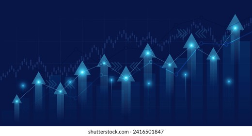Financial chart with moving up arrow graph in stock market on blue color background