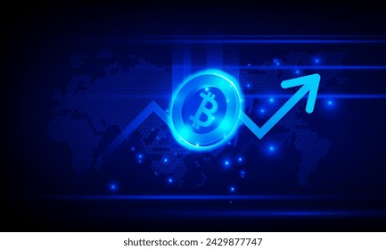 Financial chart with moving up arrow graph bitcoin cryptocurrency technology and world map in stock market on blue color background concept innovation background, vector design