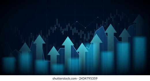 Financial chart with moving up arrow graph in stock market on blue color background