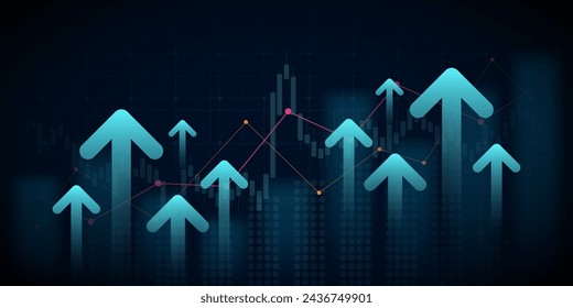 Financial chart with moving up arrow graph in stock market on blue color background