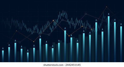 Gráfico financiero con la flecha hacia arriba gráfico en el mercado de valores sobre fondo de color azul