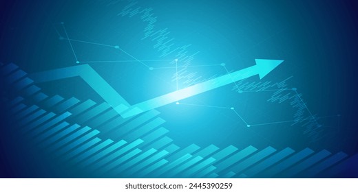 Gráfico financiero con la flecha hacia arriba gráfico en el mercado de valores sobre fondo de color azul