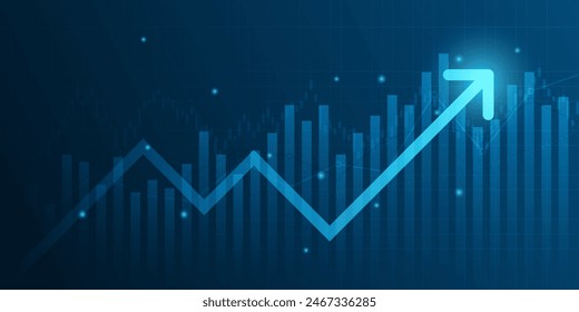 Finanzdiagramm mit nach oben bewegtem Pfeildiagramm an der Börse auf blauem Hintergrund