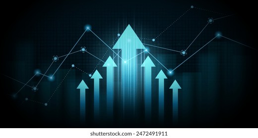 Gráfico financiero con la flecha hacia arriba gráfico en el mercado de valores sobre fondo de color azul