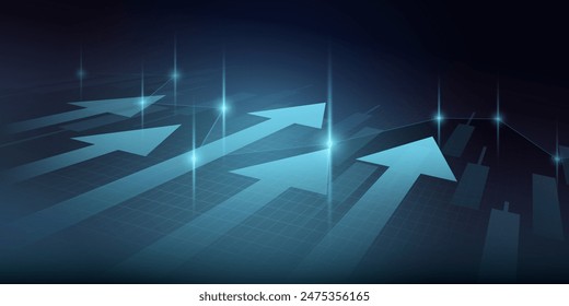 Financial chart with moving up arrow graph in stock market on blue color background