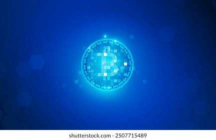 Financial chart with moving up arrow graph bitcoin cryptocurrency technology and world map in stock market on blue color hexagon and triangles background concept innovation background, vector design