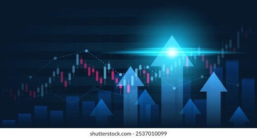 Gráfico financeiro com a movimentação do gráfico de seta para cima no mercado de ações em fundo azul cor