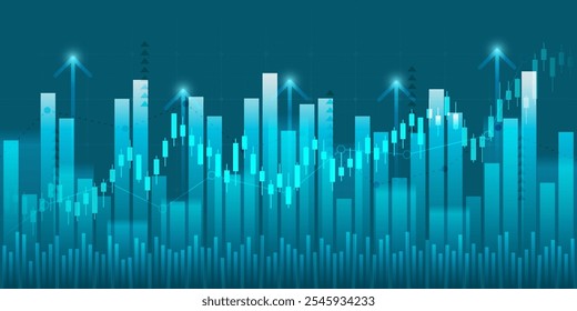 Gráfico financeiro com a movimentação do gráfico de seta para cima no mercado de ações em fundo azul cor