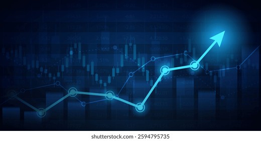 Financial chart with moving up arrow graph in stock market on blue color background