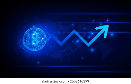 Financial chart with moving up arrow graph Dollar Money cryptocurrency technology and world map in stock market on blue color background concept innovation background, vector design