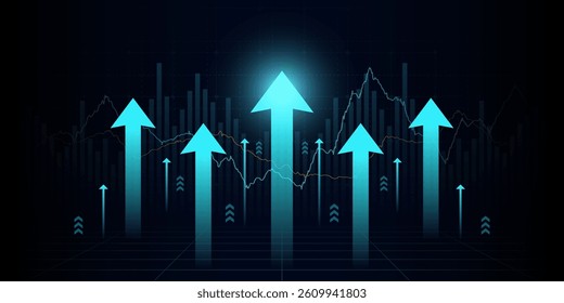 Financial chart with moving up arrow graph in stock market on blue color background