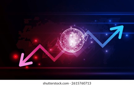 Financial chart with moving up arrow graph Dollar Money cryptocurrency technology and world map in stock market on blue color background concept innovation background, vector design