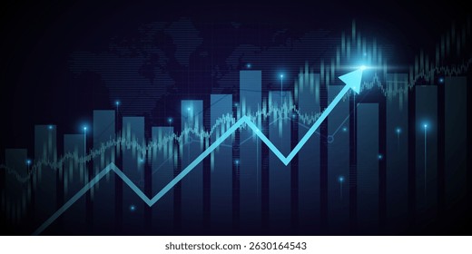 Gráfico financiero con el gráfico de flecha ascendente en el mercado de valores sobre fondo de color azul