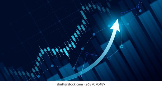 Financial chart with moving up arrow graph in stock market on blue color background