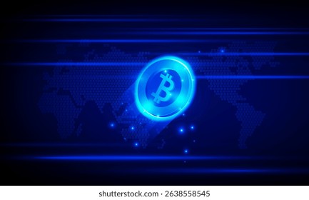 Financial chart with moving up arrow graph bitcoin cryptocurrency technology and world map in stock market on blue color background concept innovation background, vector design