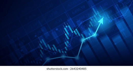 Gráfico financiero con el gráfico de flecha ascendente en el mercado de valores sobre fondo de color azul