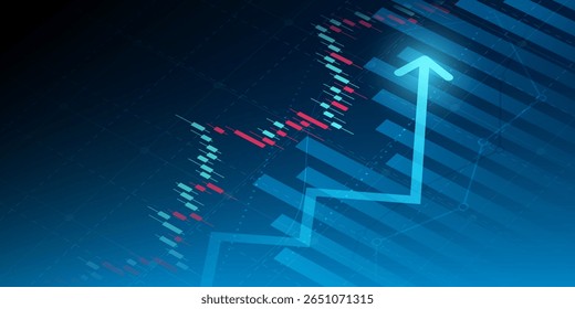 Gráfico financeiro com a movimentação do gráfico de seta para cima no mercado de ações em fundo azul cor