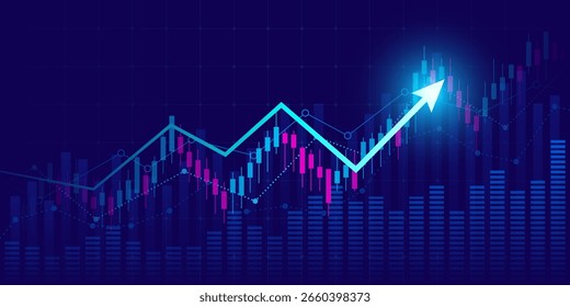 Gráfico financeiro com a movimentação do gráfico de seta para cima no mercado de ações em fundo azul cor