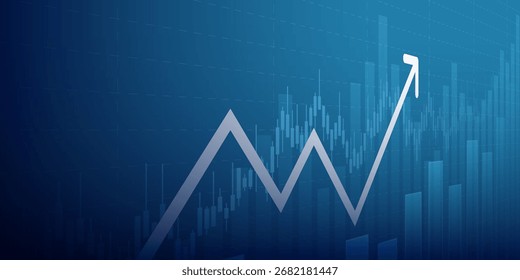Finanzkarte mit nach oben bewegtem Pfeildiagramm auf dem Aktienmarkt auf blauem Farbhintergrund