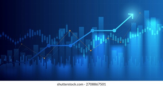 Gráfico financiero con el gráfico de flecha ascendente en el mercado de valores sobre fondo de color azul