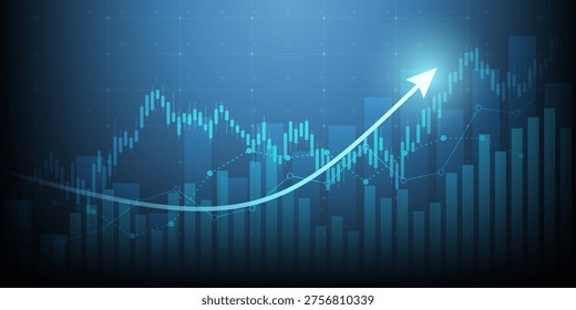 Financial chart with moving up arrow graph in stock market on blue color background