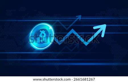 Financial chart with moving up arrow graph bitcoin cryptocurrency technology and world map in stock market on blue color background concept innovation background, vector design
