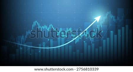 Financial chart with moving up arrow graph in stock market on blue color background