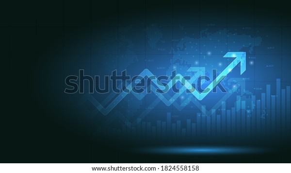 Financial chart with moving up\
arrow graph and world map in stock market on blue color\
background