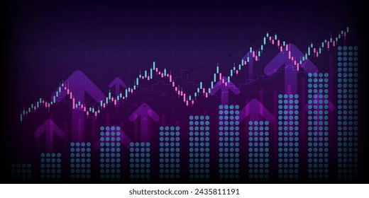 Gráfico financiero con flecha hacia arriba del gráfico del mercado de valores en fondo de color de luz de neón