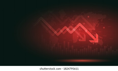 Financial chart with moving down arrow graph and world map in stock market on red color background