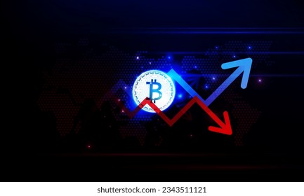 Gráfico financiero con desplazamiento hacia arriba y hacia abajo gráfico de flecha de bitcoin tecnología criptodivisa y mapa mundial en el mercado de valores sobre fondo de color azul fondo concepto innovación, diseño vector