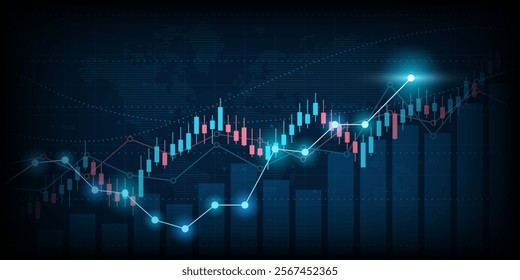 Financial chart with moving up graph and world map in stock market on blue color background