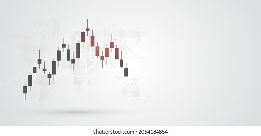 Gráfico financiero con un patrón de gráfico de acciones en movimiento y mapa mundial con fondo de color blanco y negro