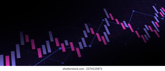 Financial chart with moving up stock market graph in neon light color background