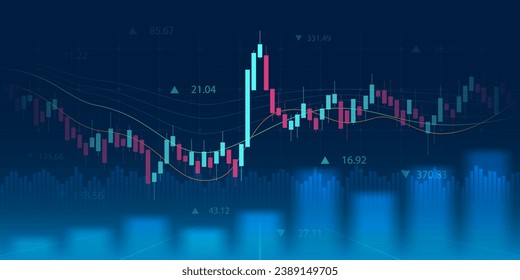 Financial chart with moving up stock market graph in neon light color background